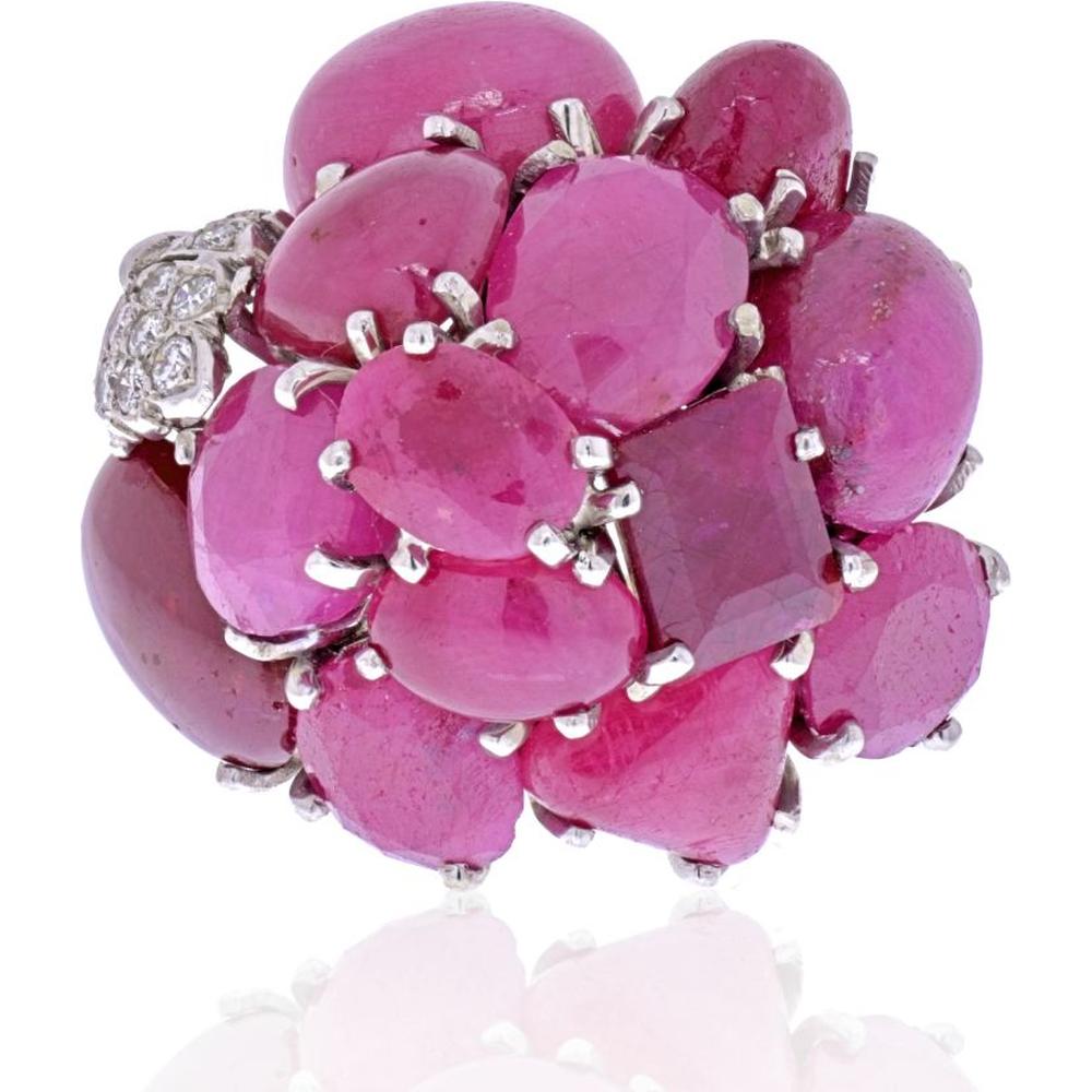 Seaman Schepps 14K White Gold Cluster Ring with Cabochon and Faceted Rubies and Pavé Diamond Leaf Design