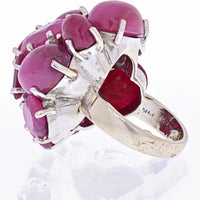 Seaman Schepps 14K White Gold Cluster Ring with Cabochon and Faceted Rubies and Pavé Diamond Leaf Design