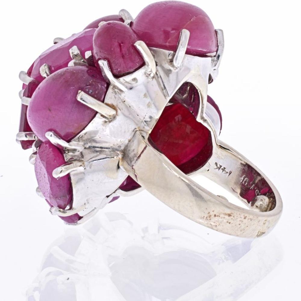 Seaman Schepps 14K White Gold Cluster Ring with Cabochon and Faceted Rubies and Pavé Diamond Leaf Design