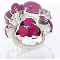 Seaman Schepps 14K White Gold Cluster Ring with Cabochon and Faceted Rubies and Pavé Diamond Leaf Design