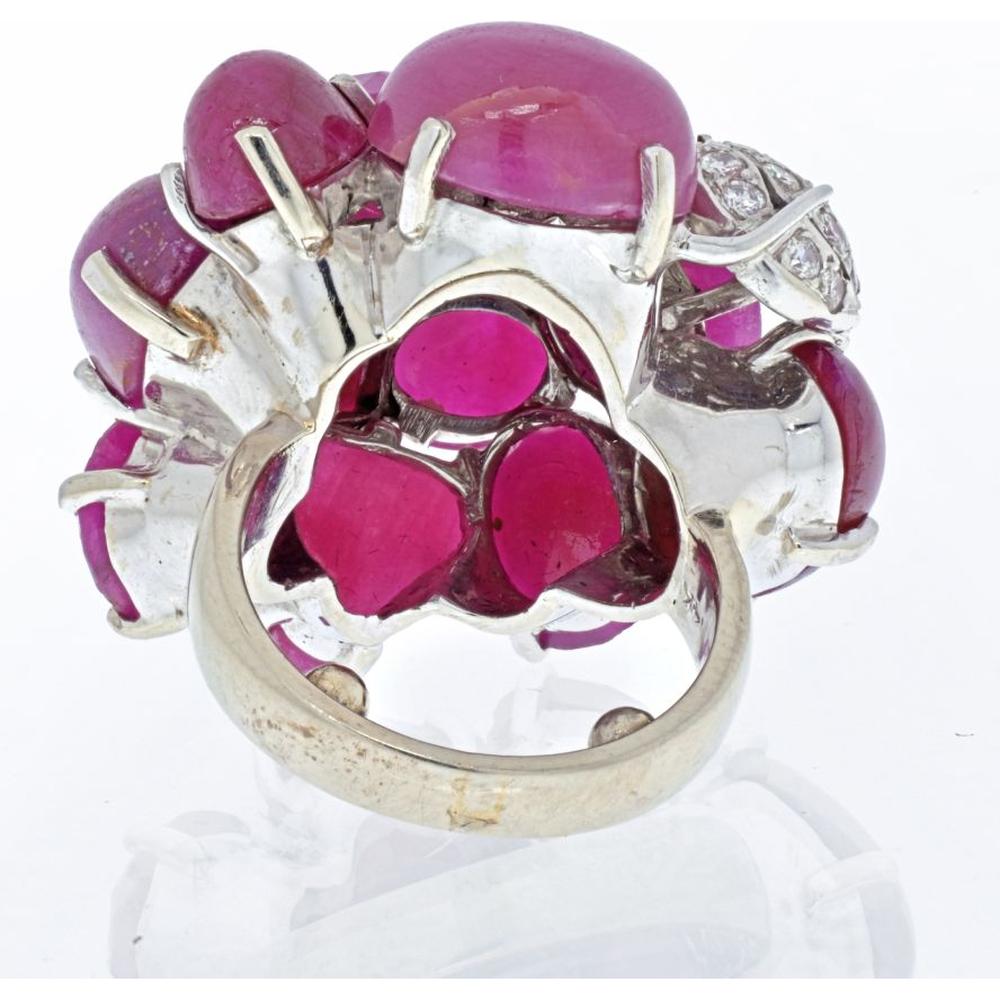 Seaman Schepps 14K White Gold Cluster Ring with Cabochon and Faceted Rubies and Pavé Diamond Leaf Design