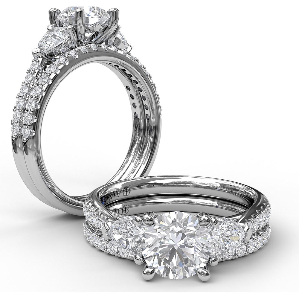 Semi-Mount Engagement Ring with Pear Cut Side Stones and Pavé Diamond Band - 0.72 Carat Total Side Stone Weight by Fana