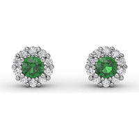 Shared-Prong Emerald and Diamond Halo Stud Earrings by Fana - 0.74 Carat Total Gemstone Weight