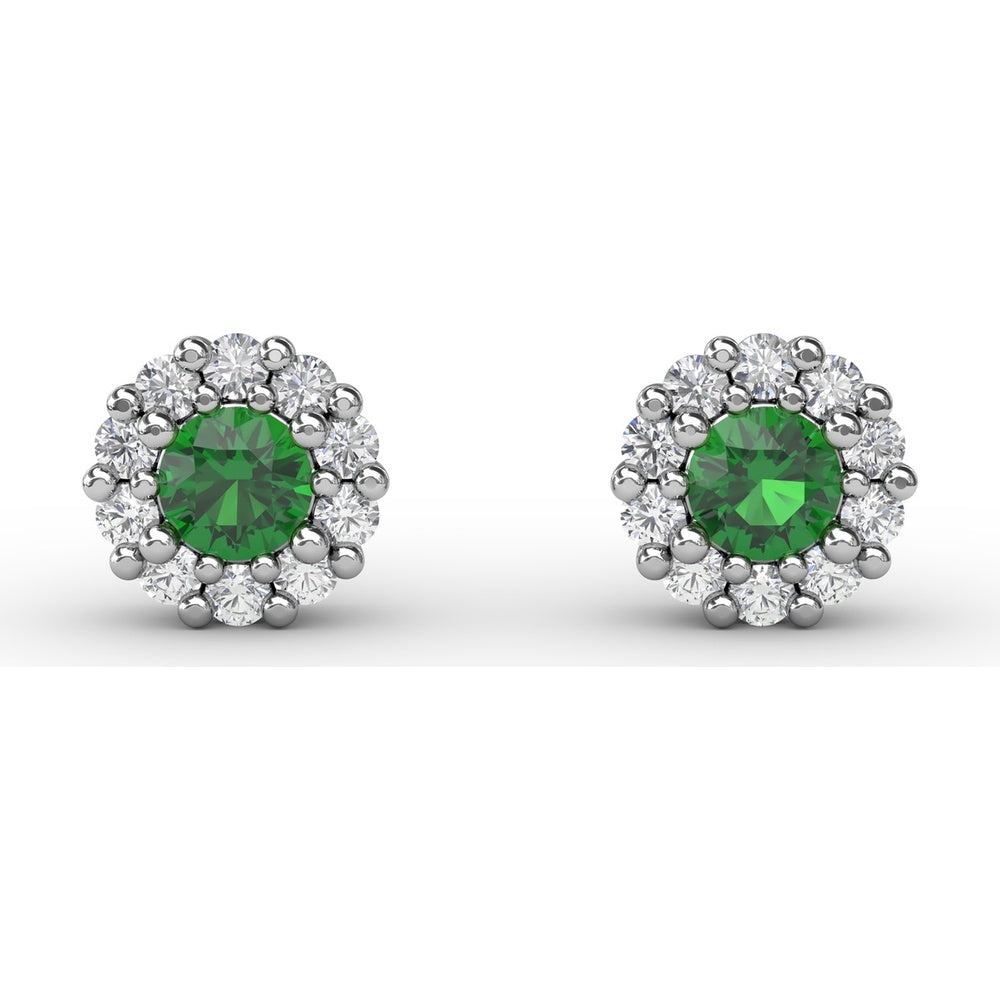 Shared-Prong Emerald and Diamond Halo Stud Earrings by Fana - 0.74 Carat Total Gemstone Weight
