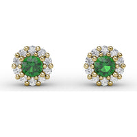 Shared-Prong Emerald and Diamond Halo Stud Earrings by Fana - 0.74 Carat Total Gemstone Weight