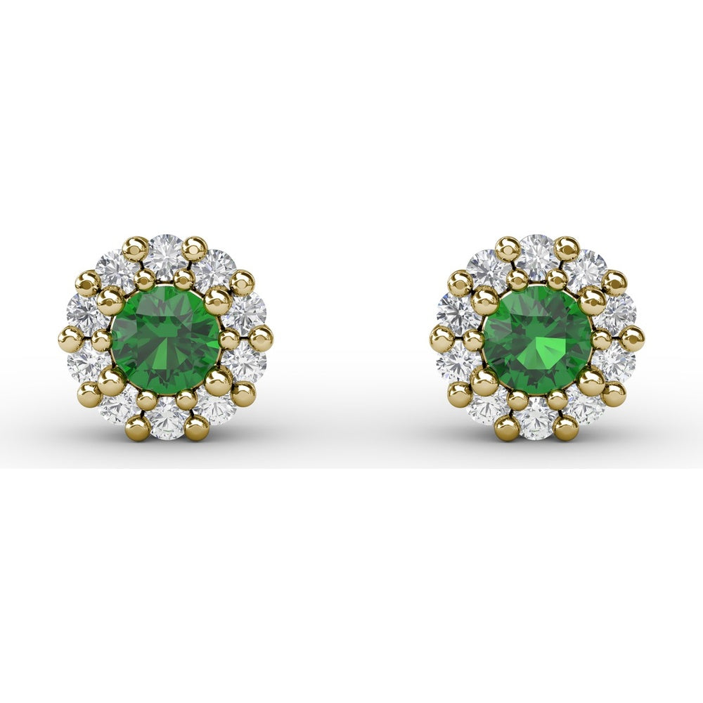 Shared-Prong Emerald and Diamond Halo Stud Earrings by Fana - 0.74 Carat Total Gemstone Weight