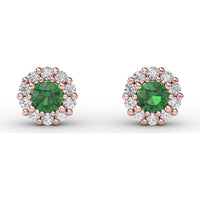 Shared-Prong Emerald and Diamond Halo Stud Earrings by Fana - 0.74 Carat Total Gemstone Weight