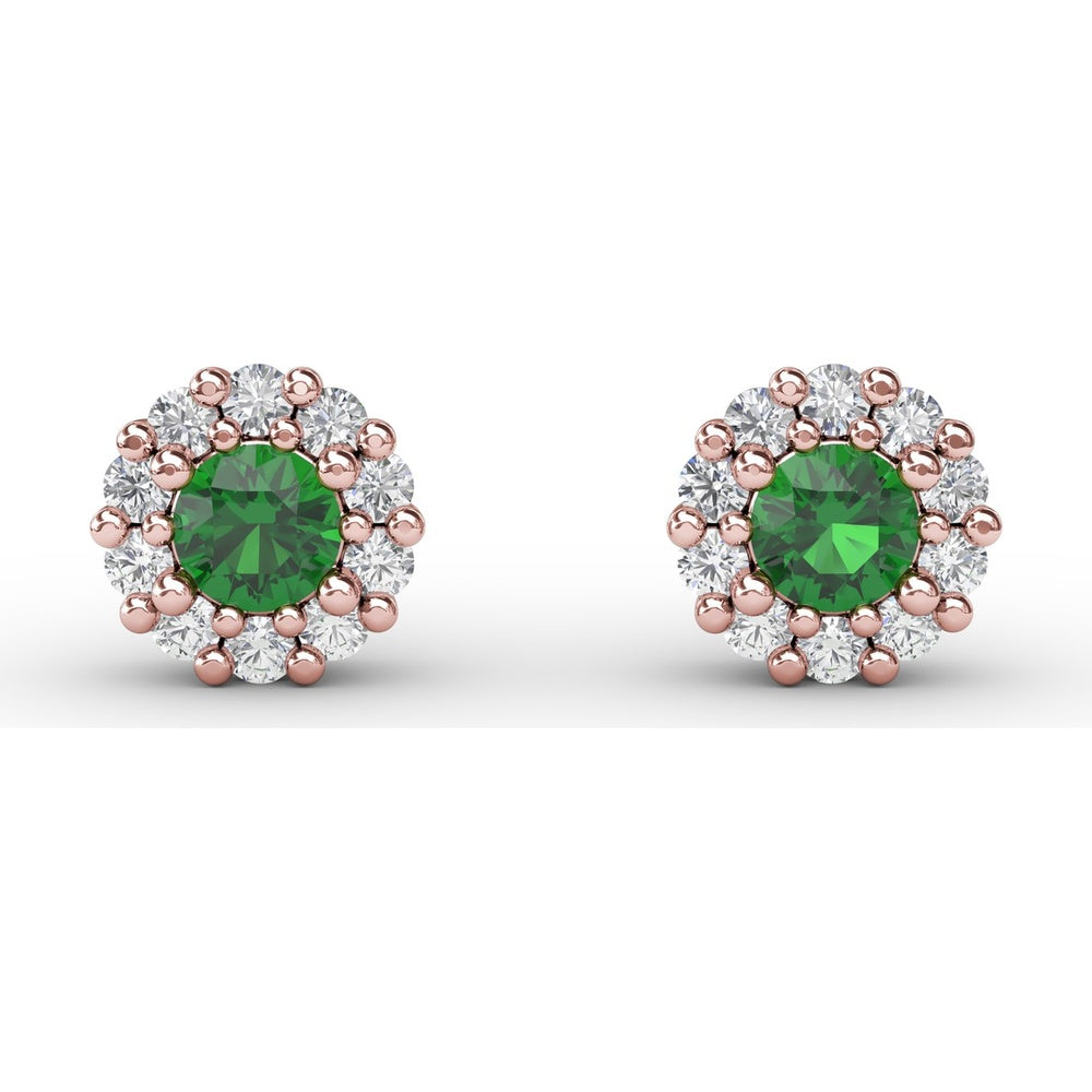 Shared-Prong Emerald and Diamond Halo Stud Earrings by Fana - 0.74 Carat Total Gemstone Weight