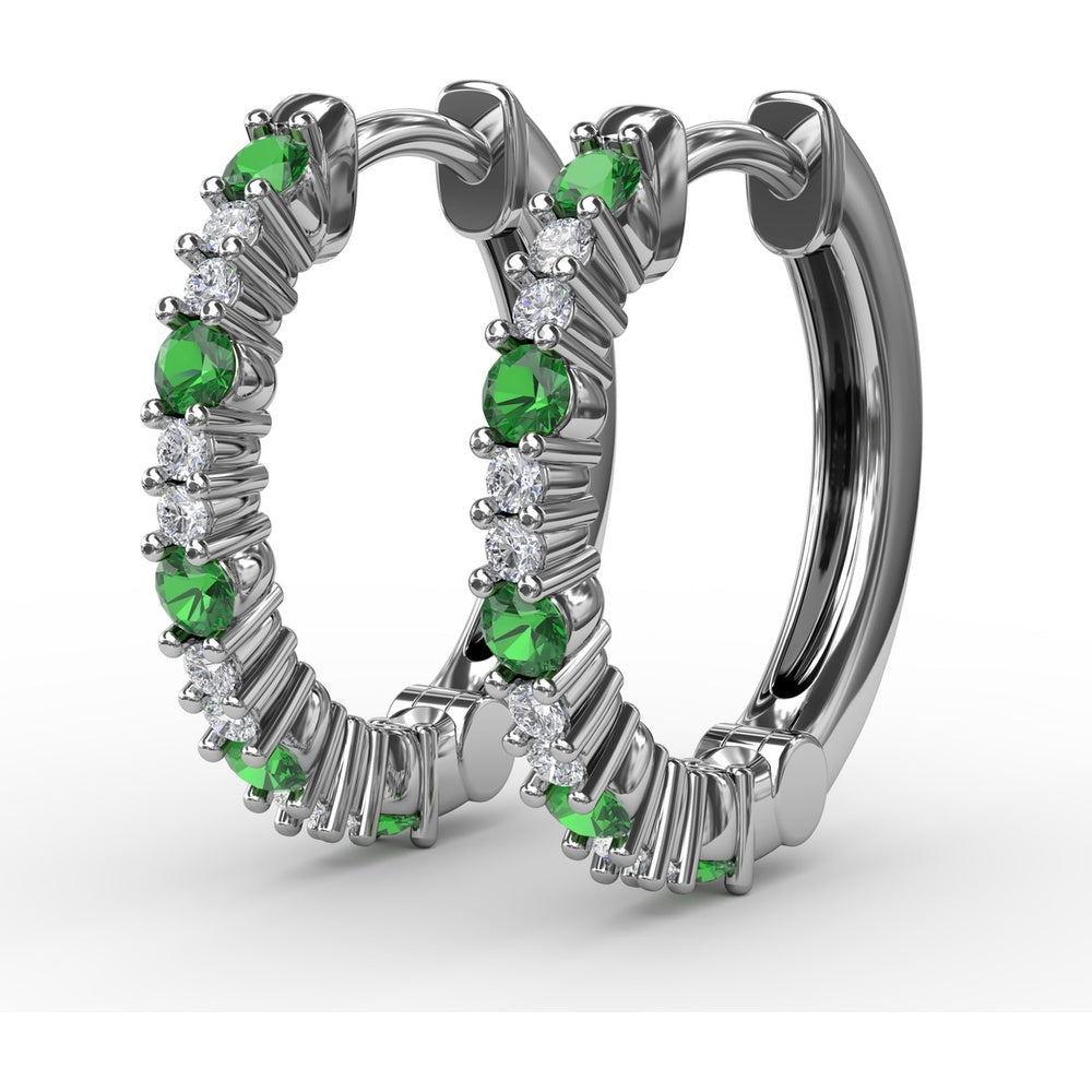 Shared-Prong Round Emerald and Diamond Hoop Earrings by Fana - 0.39 Carat Total Gemstone Weight
