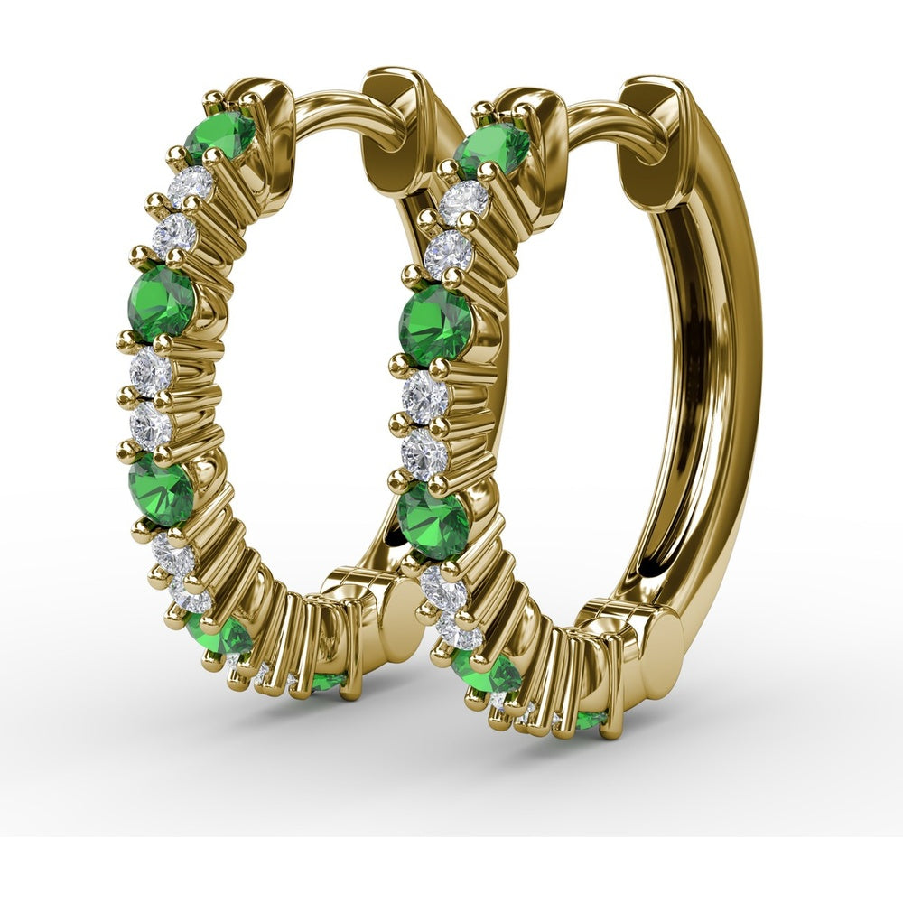 Shared-Prong Round Emerald and Diamond Hoop Earrings by Fana - 0.39 Carat Total Gemstone Weight