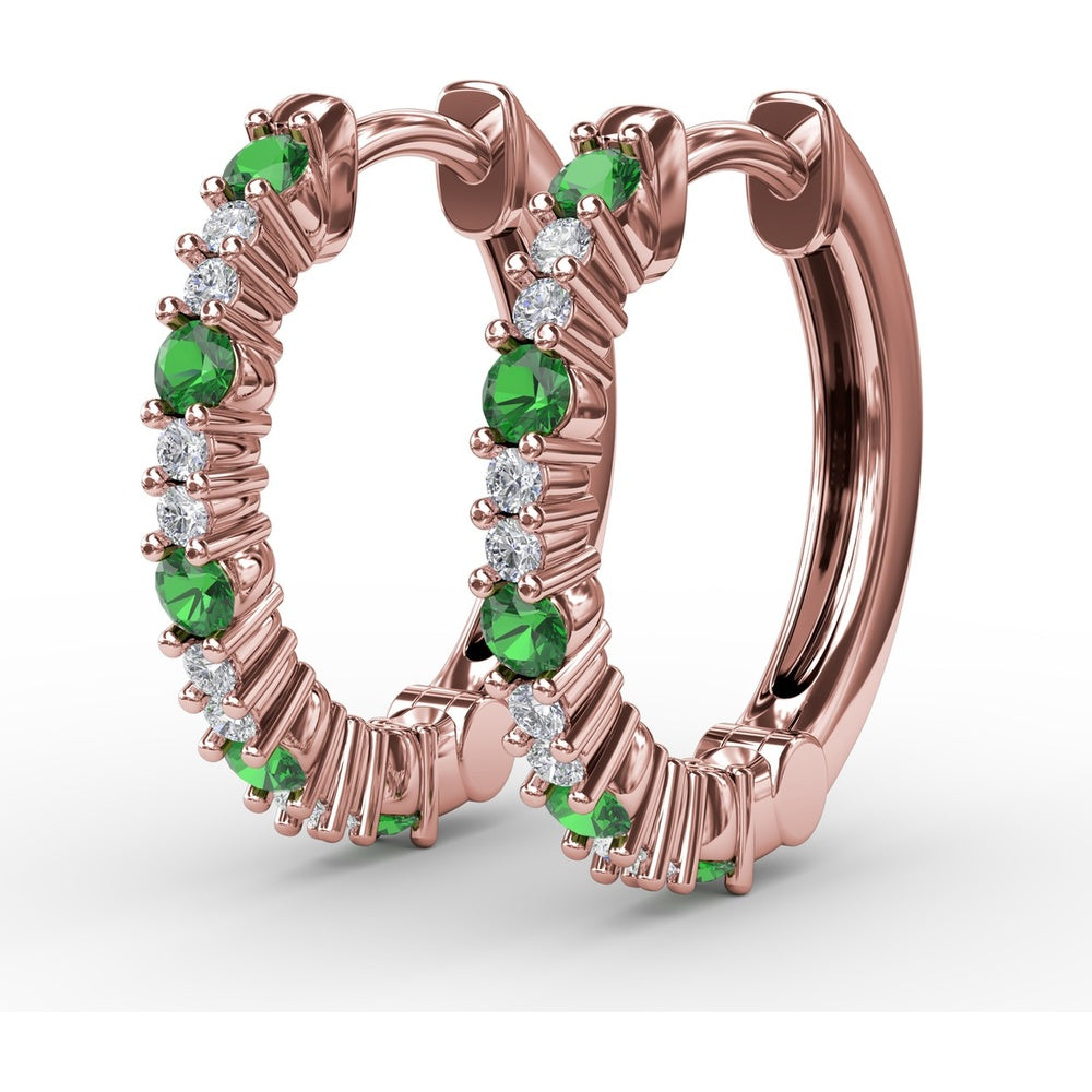 Shared-Prong Round Emerald and Diamond Hoop Earrings by Fana - 0.39 Carat Total Gemstone Weight