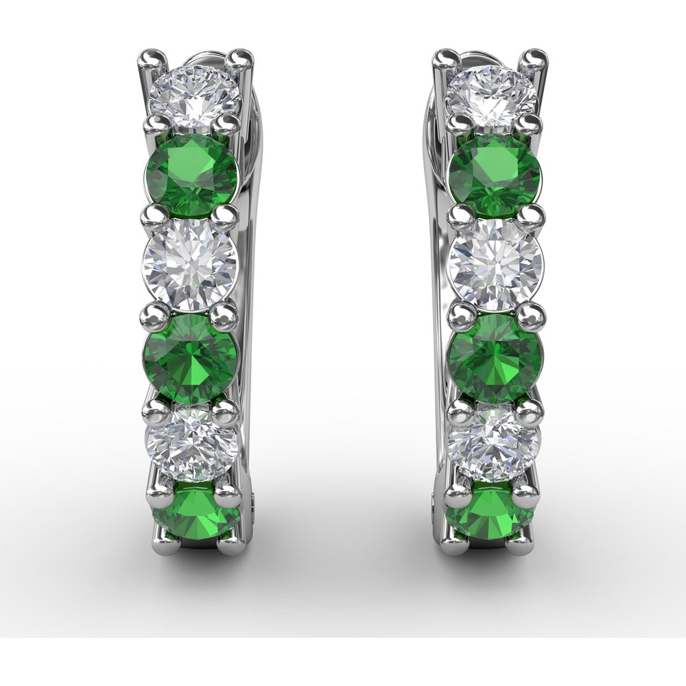 Shared-Prong Round Emerald and Diamond Hoop Earrings by Fana - 0.78 Carat Total Gemstone Weight