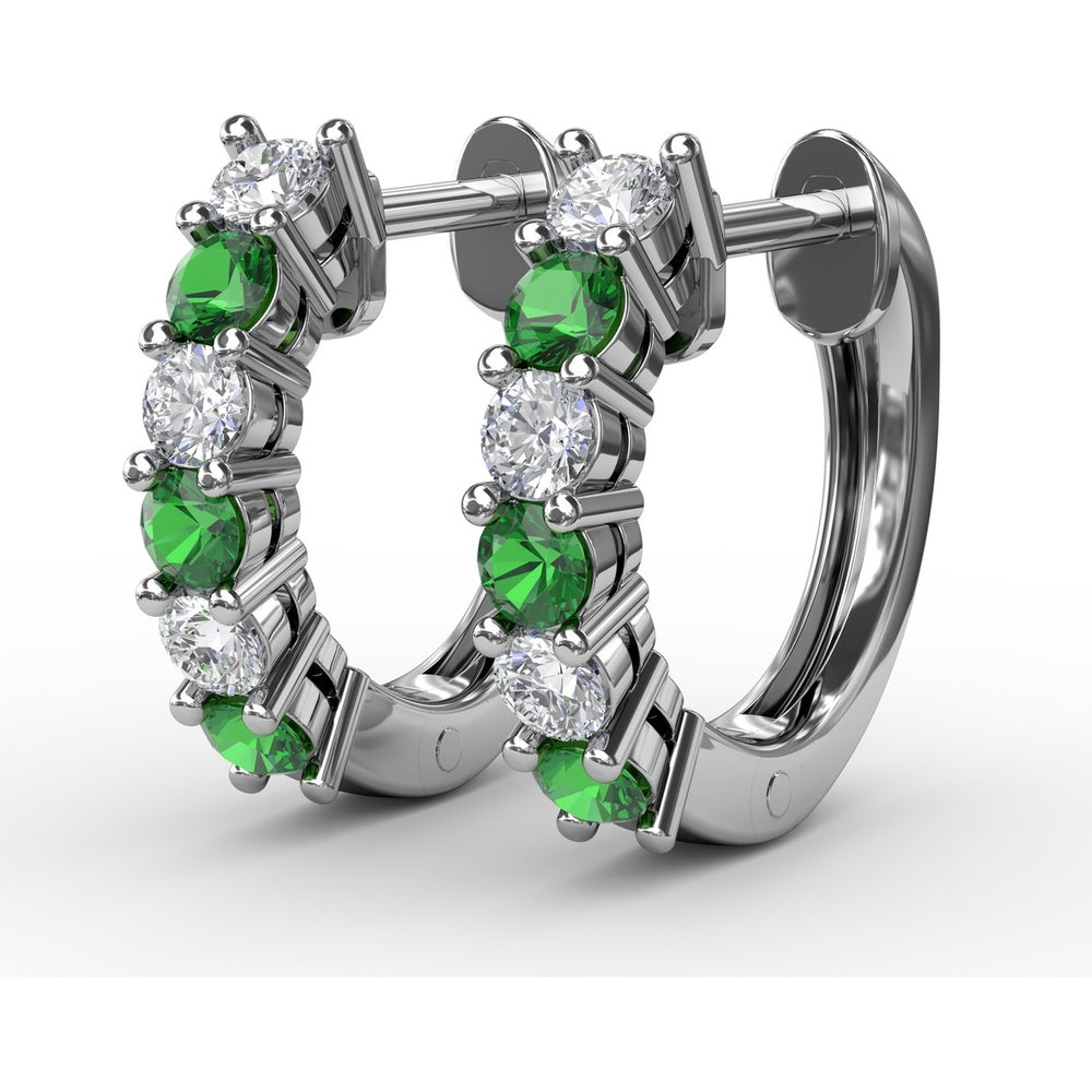 Shared-Prong Round Emerald and Diamond Hoop Earrings by Fana - 0.78 Carat Total Gemstone Weight