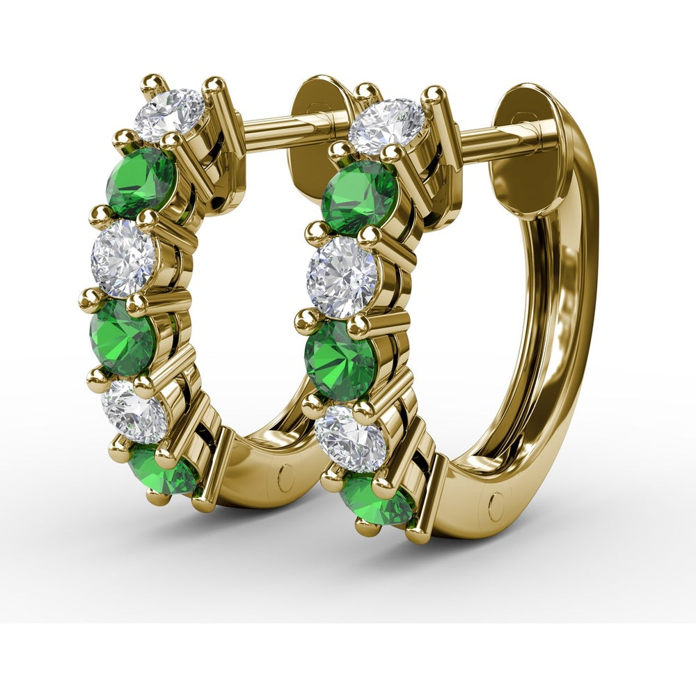 Shared-Prong Round Emerald and Diamond Hoop Earrings by Fana - 0.78 Carat Total Gemstone Weight