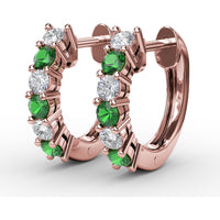 Shared-Prong Round Emerald and Diamond Hoop Earrings by Fana - 0.78 Carat Total Gemstone Weight