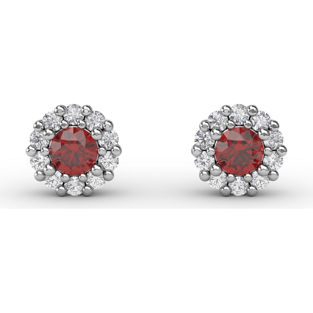 Shared-Prong Round Ruby and Diamond Halo Stud Earrings by Fana - 0.90 Carat Total Gemstone Weight