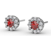 Shared-Prong Round Ruby and Diamond Halo Stud Earrings by Fana - 0.90 Carat Total Gemstone Weight
