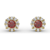 Shared-Prong Round Ruby and Diamond Halo Stud Earrings by Fana - 0.90 Carat Total Gemstone Weight