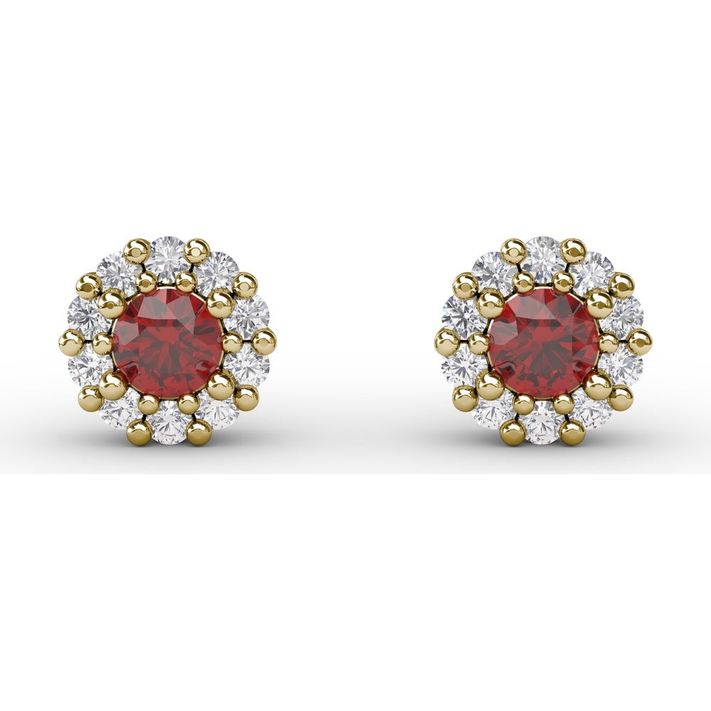 Shared-Prong Round Ruby and Diamond Halo Stud Earrings by Fana - 0.90 Carat Total Gemstone Weight