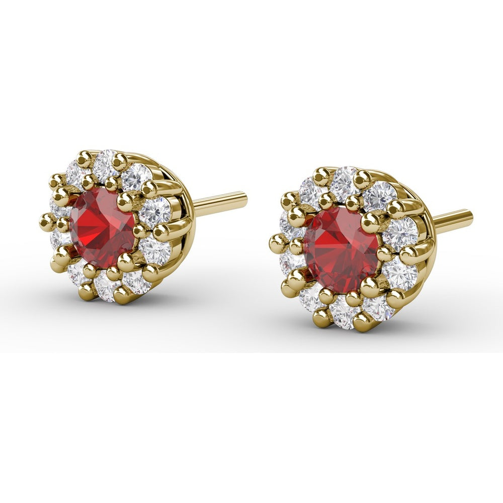Shared-Prong Round Ruby and Diamond Halo Stud Earrings by Fana - 0.90 Carat Total Gemstone Weight