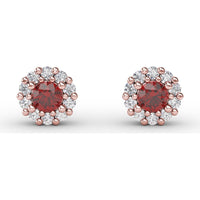 Shared-Prong Round Ruby and Diamond Halo Stud Earrings by Fana - 0.90 Carat Total Gemstone Weight