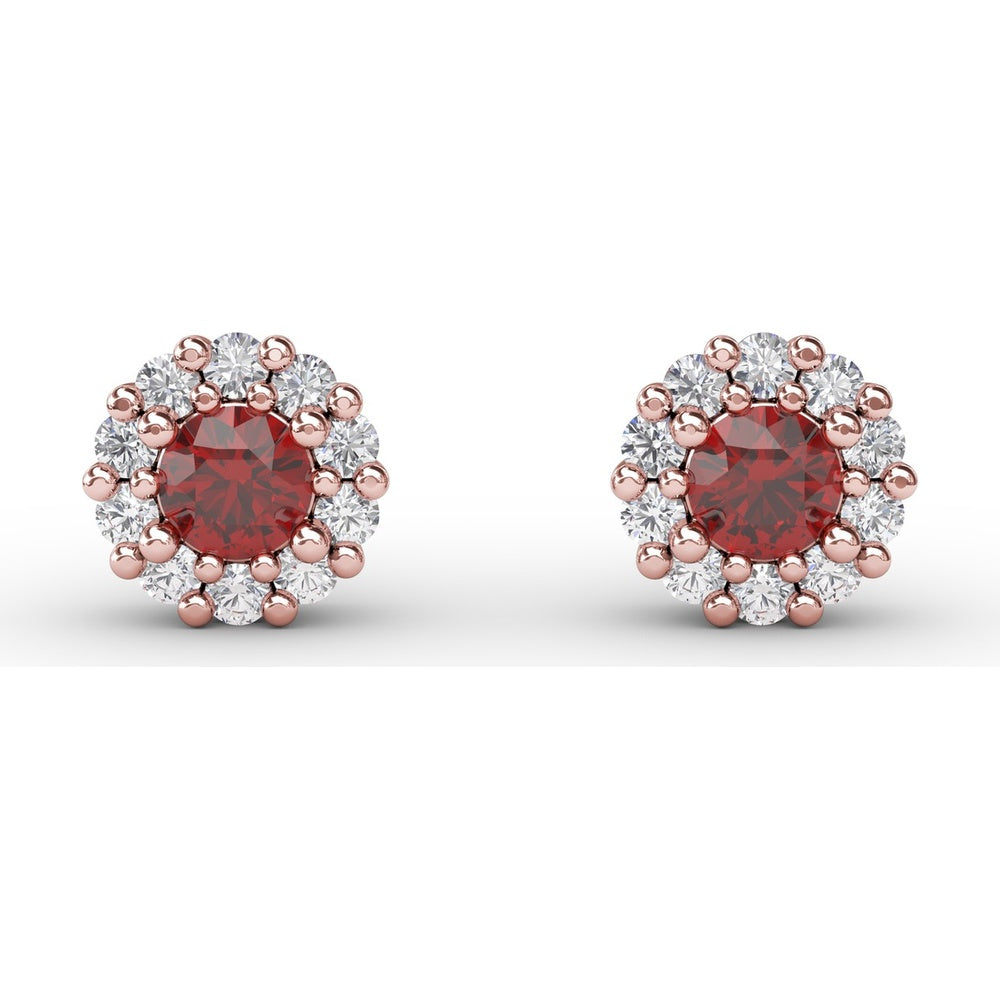 Shared-Prong Round Ruby and Diamond Halo Stud Earrings by Fana - 0.90 Carat Total Gemstone Weight