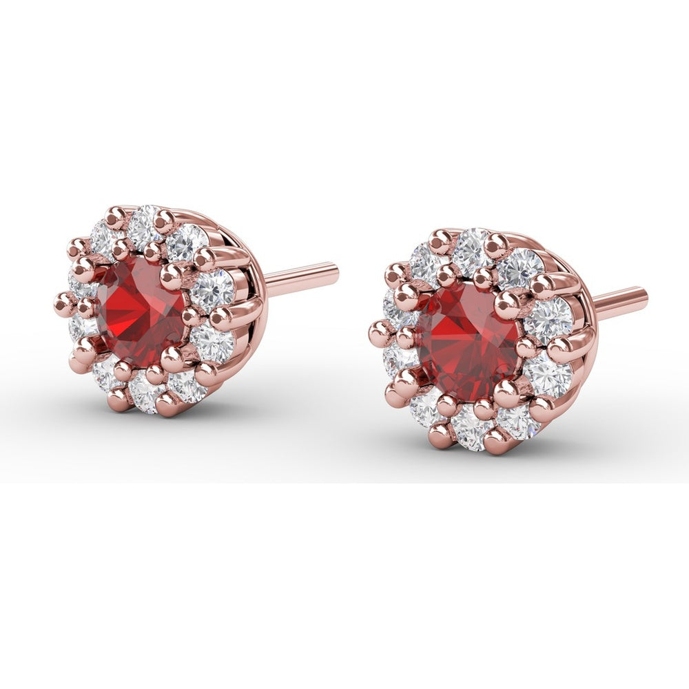 Shared-Prong Round Ruby and Diamond Halo Stud Earrings by Fana - 0.90 Carat Total Gemstone Weight