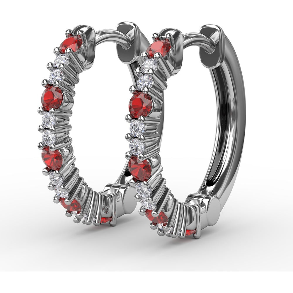 Shared-Prong Round Ruby and Diamond Hoop Earrings by Fana - 0.41 Carat Total Gemstone Weight