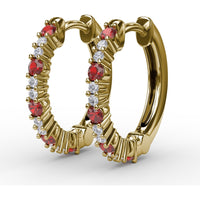 Shared-Prong Round Ruby and Diamond Hoop Earrings by Fana - 0.41 Carat Total Gemstone Weight