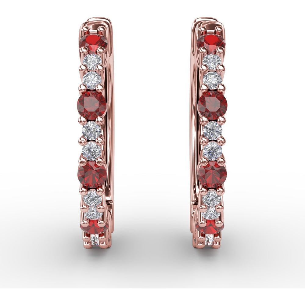 Shared-Prong Round Ruby and Diamond Hoop Earrings by Fana - 0.41 Carat Total Gemstone Weight