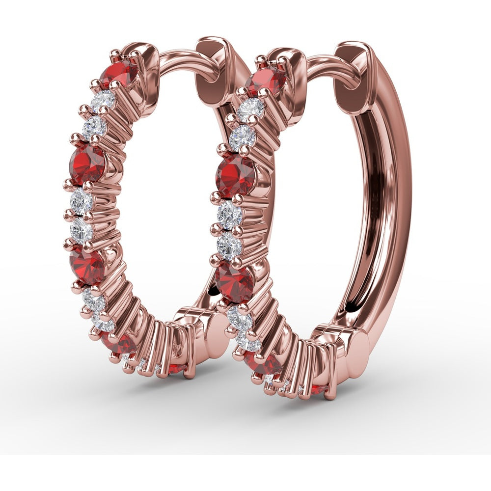 Shared-Prong Round Ruby and Diamond Hoop Earrings by Fana - 0.41 Carat Total Gemstone Weight