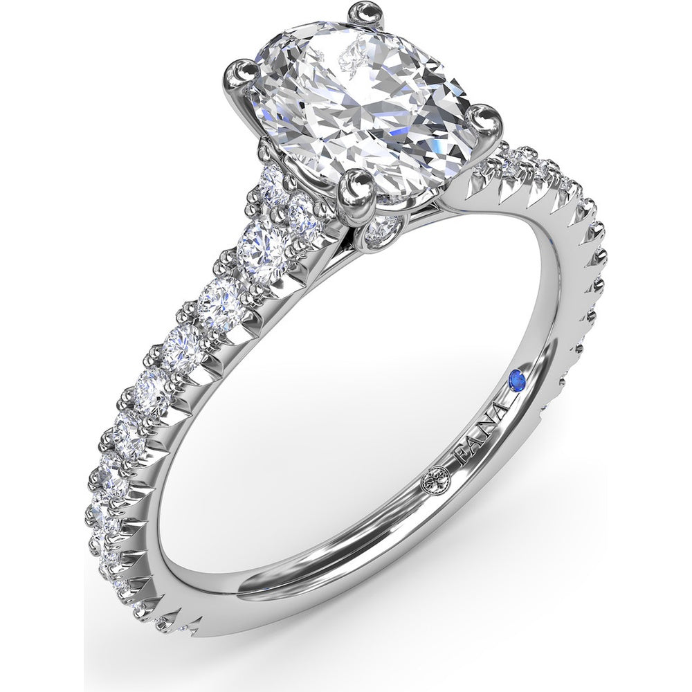 Side Cluster Engagement Ring Setting with Pavé Diamond Band and Oval Center Mounting by Fana - 0.51 Carat Total Diamond Weight