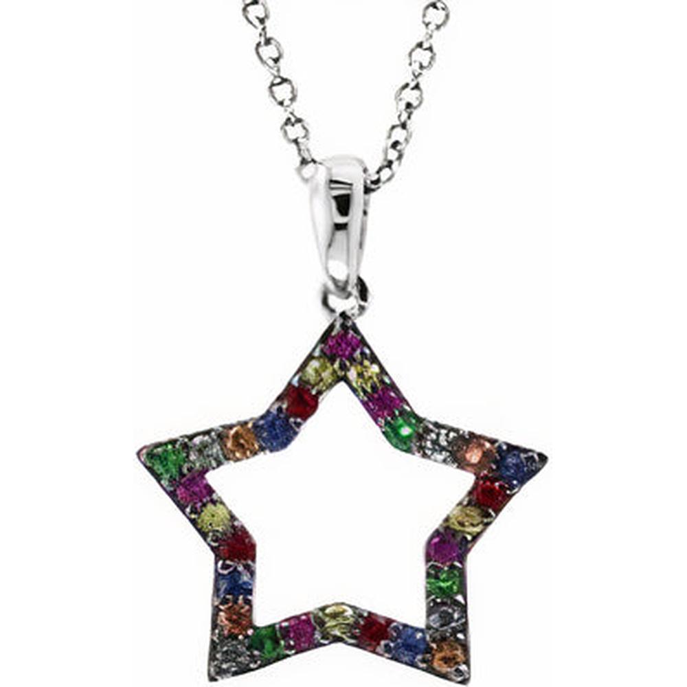 Silver 925 Star Pendant with Prong Set Multicolor Sapphires - 0.31 Carat Total Sapphire Weight