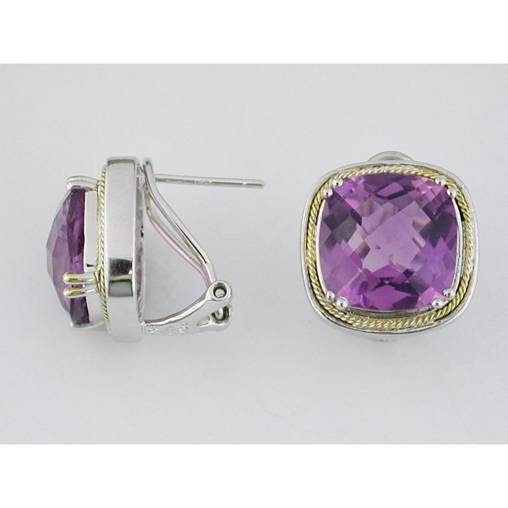 Silver and Gold Cushion Cut Amethyst Stud Earrings with Rope Detail - 12.50 Carat Total Amethyst Weight - Royal Jewelry