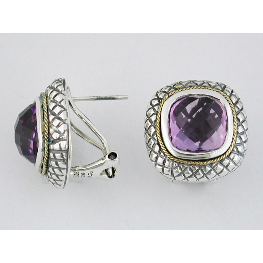 Silver and Gold Cushion-Cut Amethyst Stud Earrings with Twisted Rope Detail and Textured Basket-Weave Frame - 8.50 Carat Total Amethyst Weight - Royal Jewelry