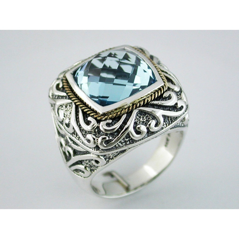 Silver and Gold Free-Form Ring with 9.40 Carat Checkered Board Cut Blue Topaz and Swirling Scrollwork Filigree - Royal Jewelry