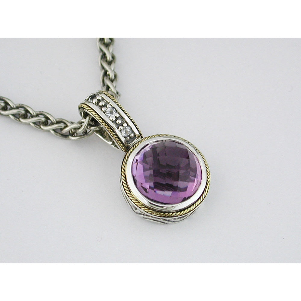 Silver and Gold Pendant with 6.75 Carat Round Amethyst and 0.15 Carat White Topaz Accents - Two-Tone Cable Link Necklace - Royal Jewelry