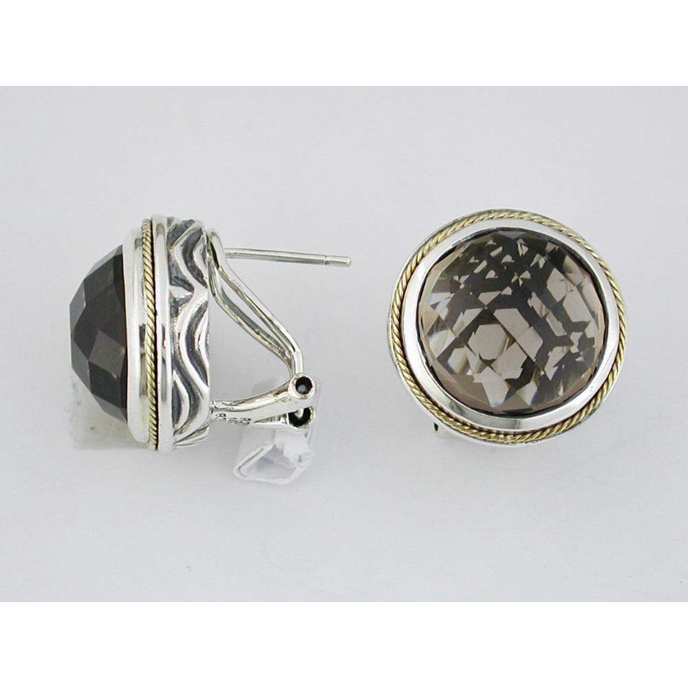 Silver and Gold Round Smoky Quartz Button Earrings - 21.00 Carat Total Smoky Quartz Weight - Royal Jewelry