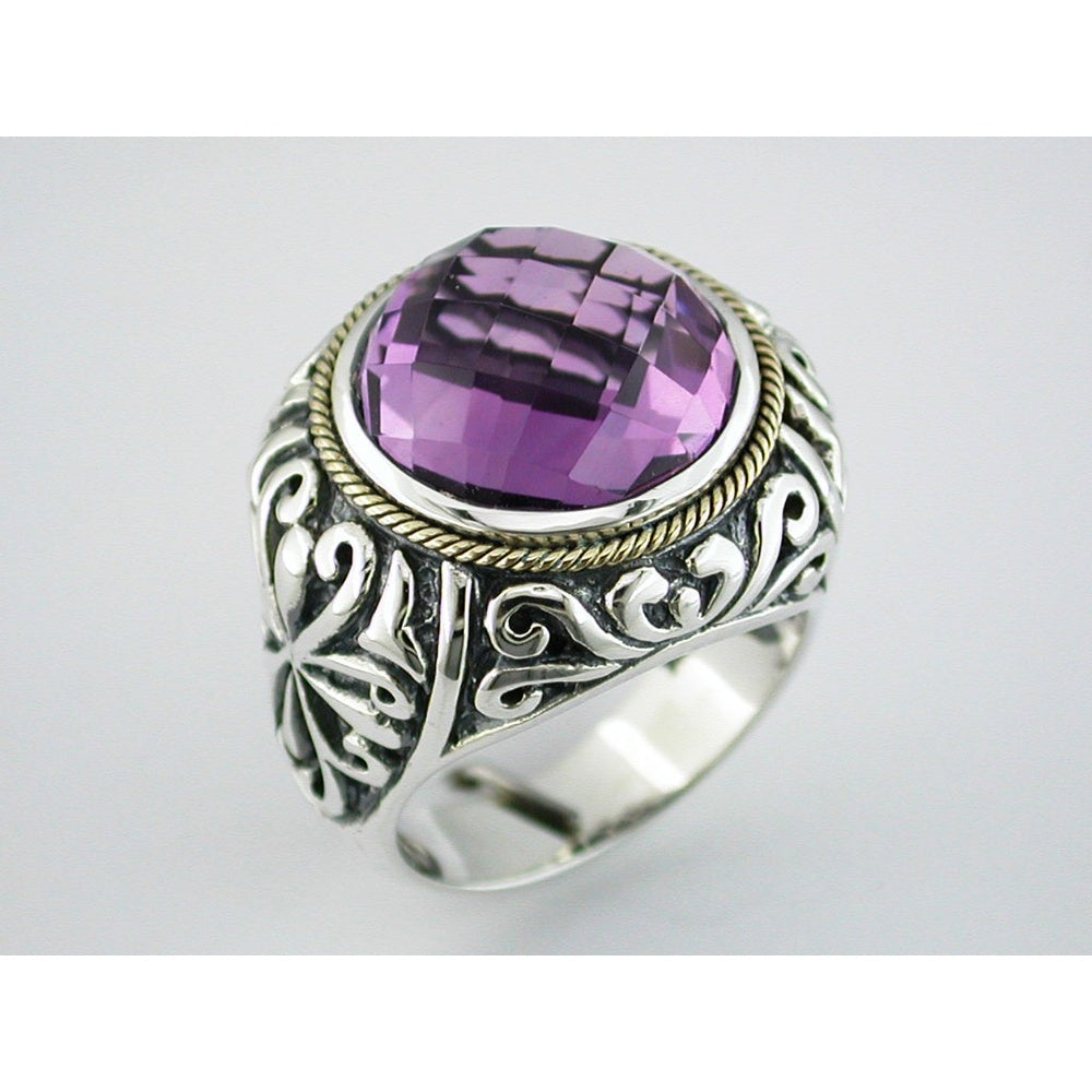 Silver and Gold Scrollwork Ring with 9.80 Carat Round-Cut Amethyst - Vintage-Inspired Filigree Statement Ring - Royal Jewelry