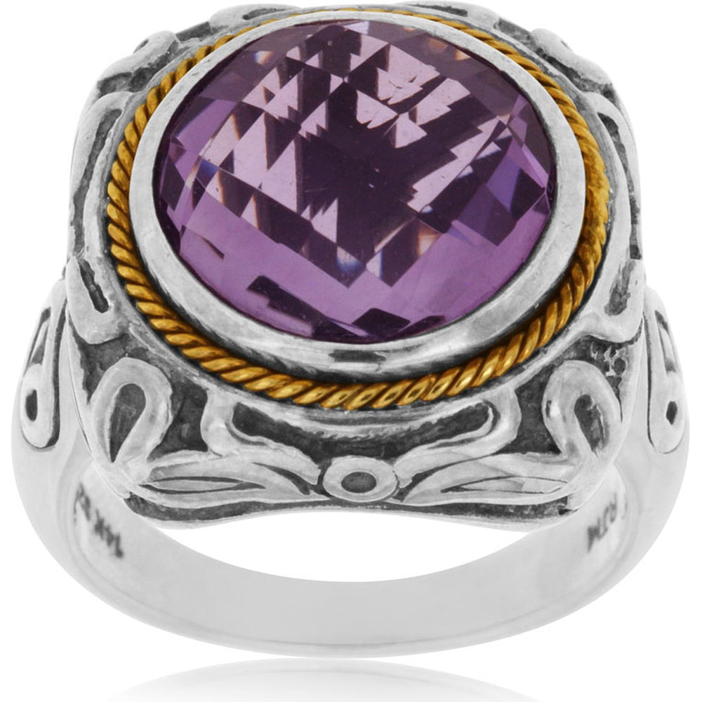 Silver and Gold Statement Ring with 6.00 Carat Round Amethyst Center Stone - Vintage Scrollwork Two-Tone Design - Royal Jewelry