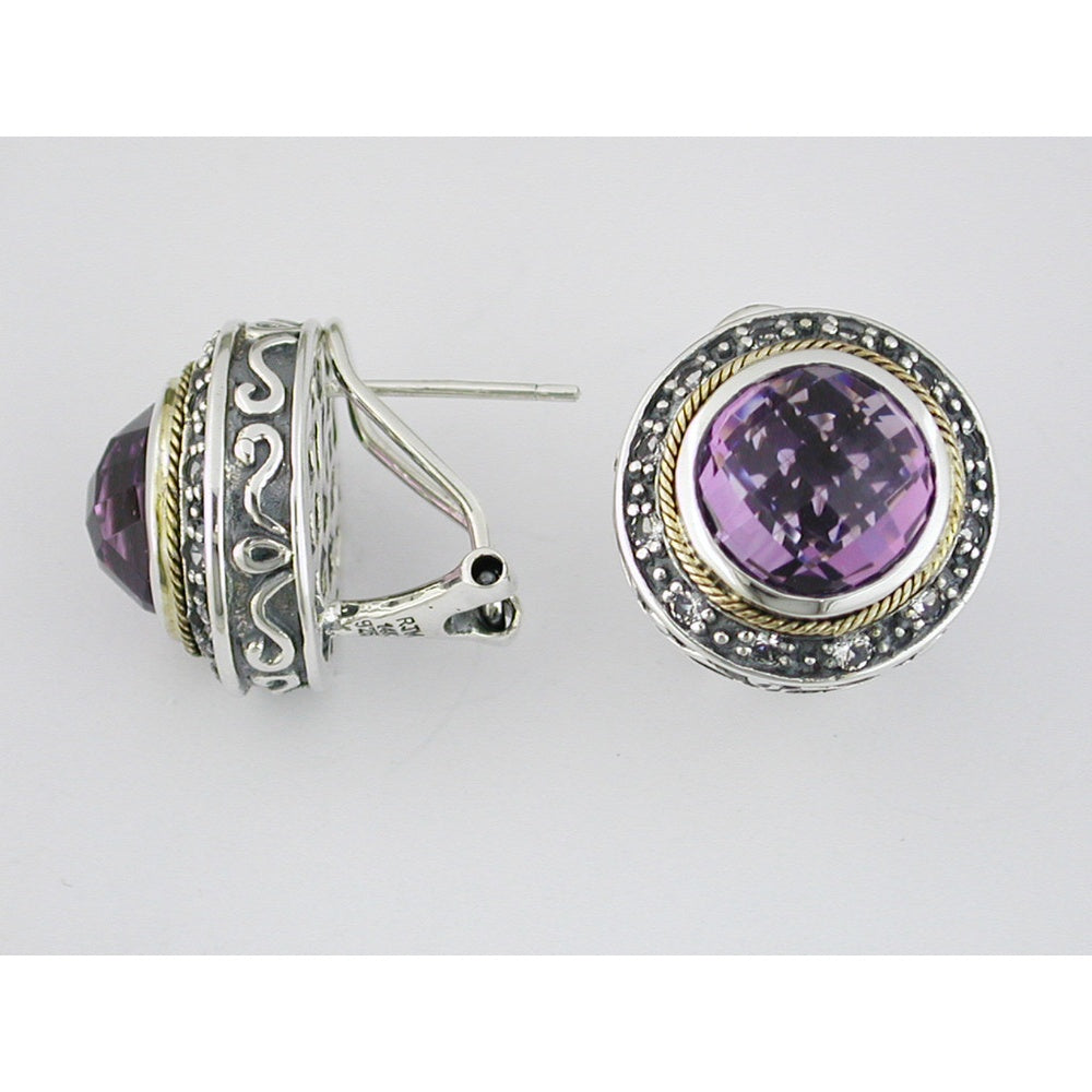 Silver and Gold-Tone Halo Stud Earrings with 8.00 Carat Total Round Amethyst and 0.40 Carat Total White Topaz - Omega Back Pierced Earrings - Royal Jewelry