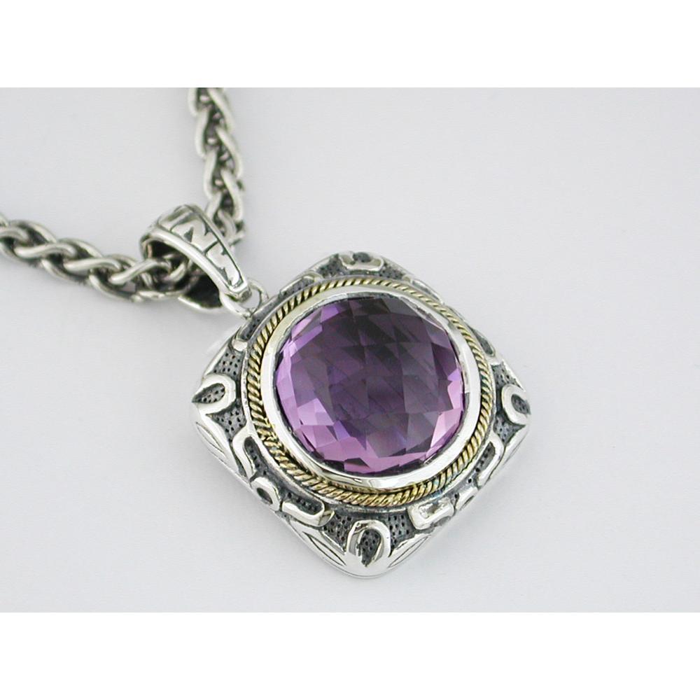 Silver & Gold-Tone Pendant Necklace with 10.00 Carat Round Amethyst Center Stone - Royal Jewelry