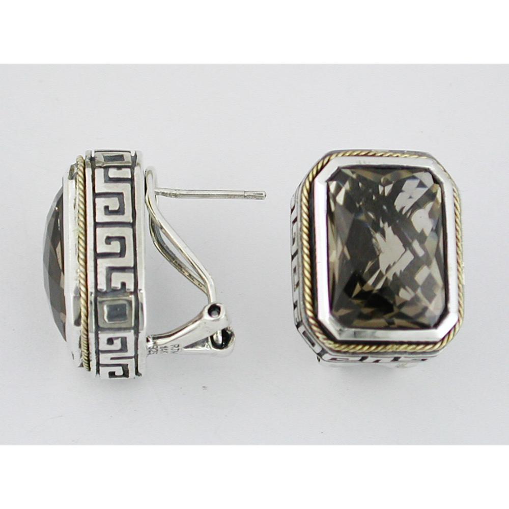 Silver and Gold Two-Tone Earrings with Emerald Cut Smoky Quartz - 14.20 Carat Total Gemstone Weight - Royal Jewelry