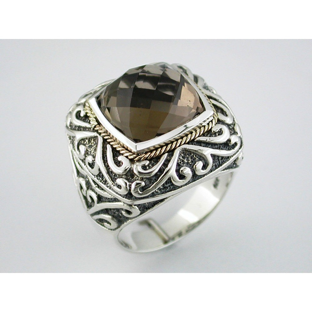 Silver and Gold Two-Tone Filigree Ring with Checkered Cut Smoky Quartz - 7.50 Carat Total Gem Weight - Royal Jewelry