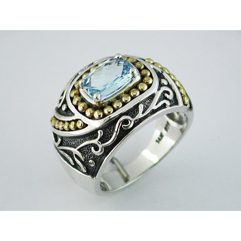 Silver and Gold Two-Tone Free Form Ring with Checkered Board Cut Blue Topaz - 1.70 Carat Total Gem Weight - Royal Jewelry