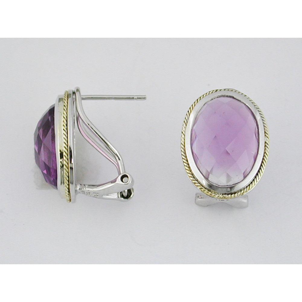 Silver and Gold Two-Tone Oval Checkerboard Cut Amethyst Earrings with Omega French Clip Backs - 12.00 Carat Total Amethyst Weight - Royal Jewelry
