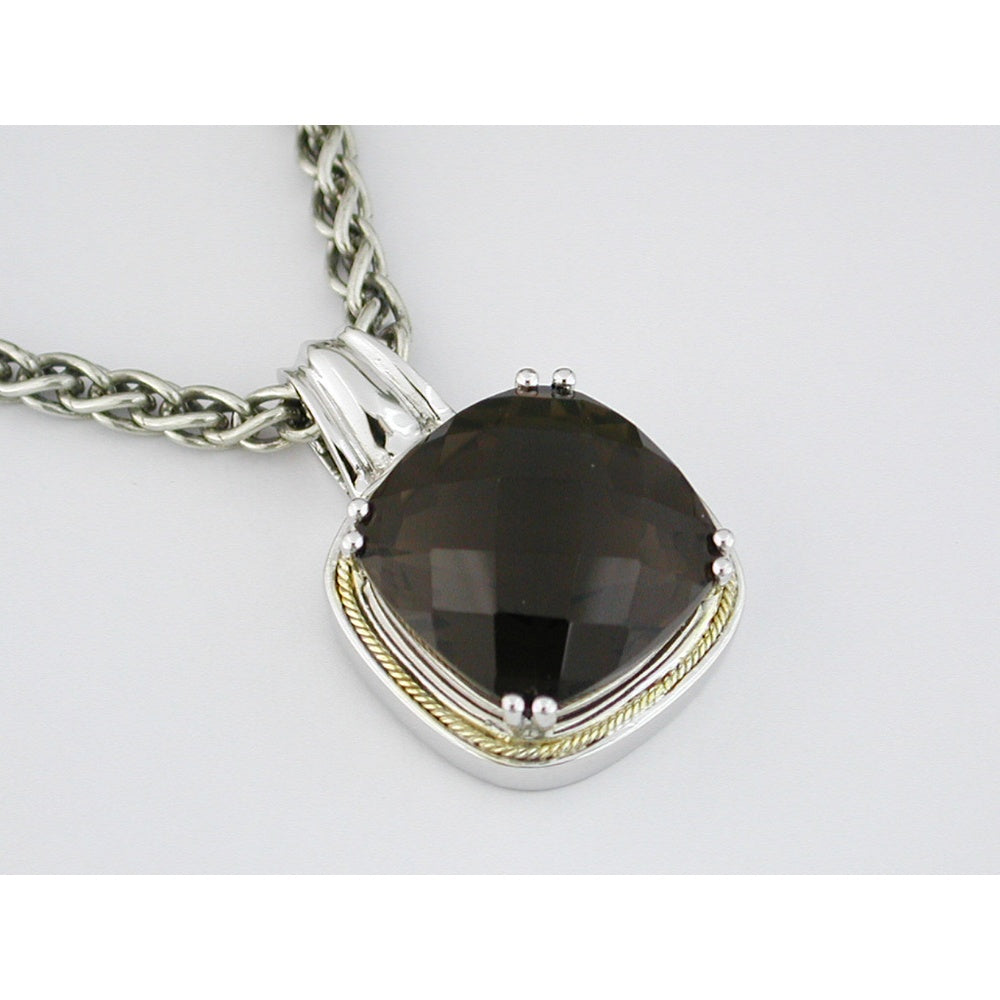 Silver and Gold Two-Tone Pendant Necklace with 14.00 Carat Cushion-Cut Smoky Quartz - Royal Jewelry