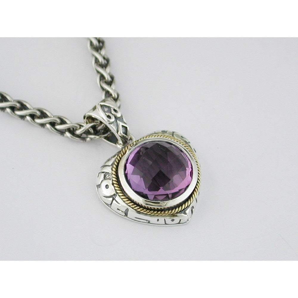 Silver and Gold Two-Tone Pendant Necklace with Bezel-Set Round Amethyst - 6.20 Carat Total Gem Weight - Royal Jewelry