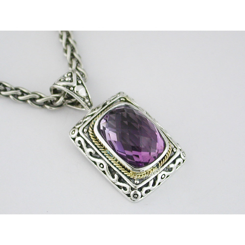 Silver and Gold Two-Tone Pendant with Checkered Board Cut 6.80 Carat Amethyst and Ornate Milgrain Scrollwork - Royal Jewelry