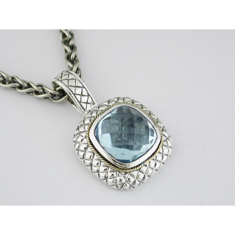 Silver and Gold Two-Tone Pendant with Cushion-Cut Blue Topaz - 9.70 Carat Total Gem Weight - Royal Jewelry